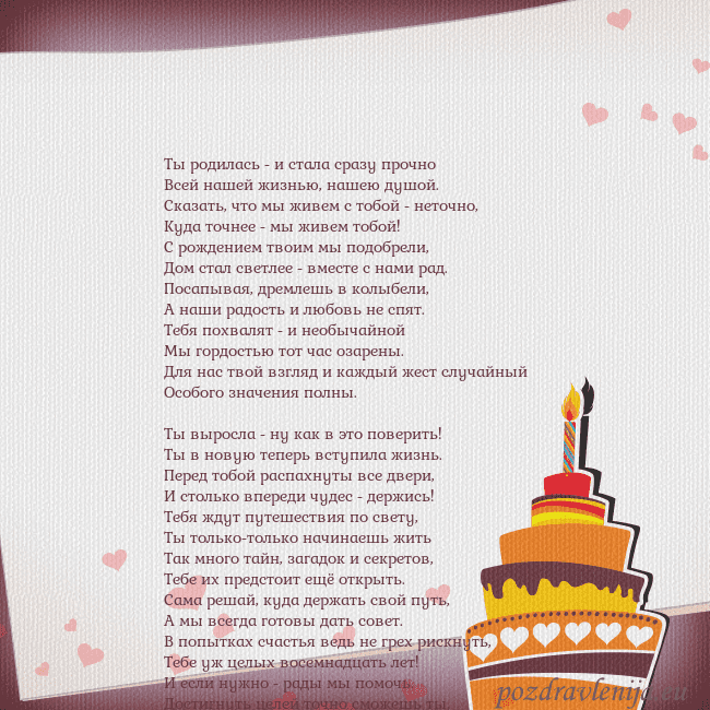 Открытка на день рождения с тортом и сердечками Ты родилась - и стала сразу прочно
Всей нашей жизн Открытка на день рождения с тортом и сердечками