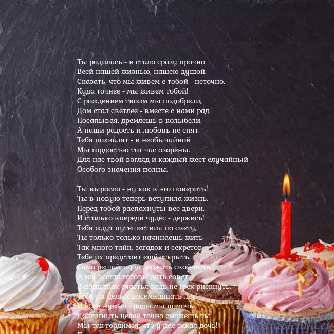 Открытка на день рождения со сладостями и свечкой Ты родилась - и стала сразу прочно
Всей нашей жизн Открытка на день рождения со сладостями и свечкой