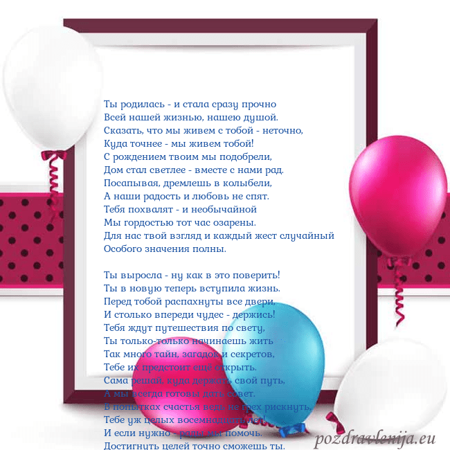 Открытка с воздушными шарами Ты родилась - и стала сразу прочно
Всей нашей жизн Открытка с воздушными шарами