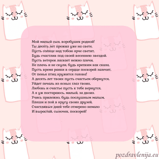 Розовая открытка с забавными кошками Мой милый сын, воробушек родной!
Ты десять лет про Розовая открытка с забавными кошками
