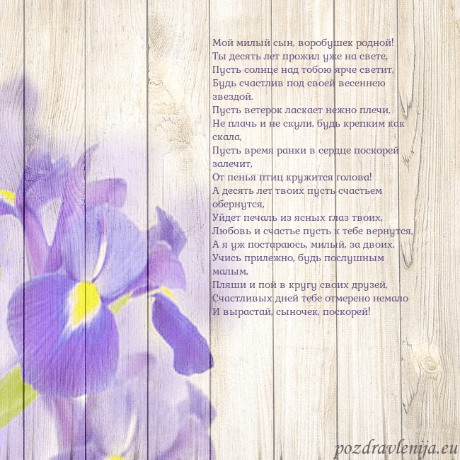 Открытка с ирисами Мой милый сын, воробушек родной!
Ты десять лет про Открытка с ирисами