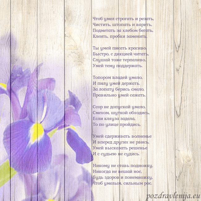 Открытка с ирисами Чтоб умел строгать и резать,
Чистить, штопать и ва Открытка с ирисами