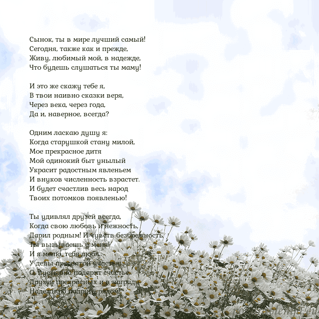 Открытка с ромашками Сынок, ты в мире лучший самый!
Сегодня, также как Открытка с ромашками