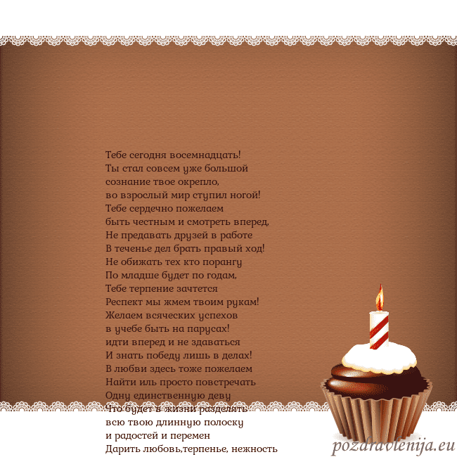 Открытка на день рождения с кексом и свечкой Тебе сегодня восемнадцать!
Ты стал совсем уже боль Открытка на день рождения с кексом и свечкой