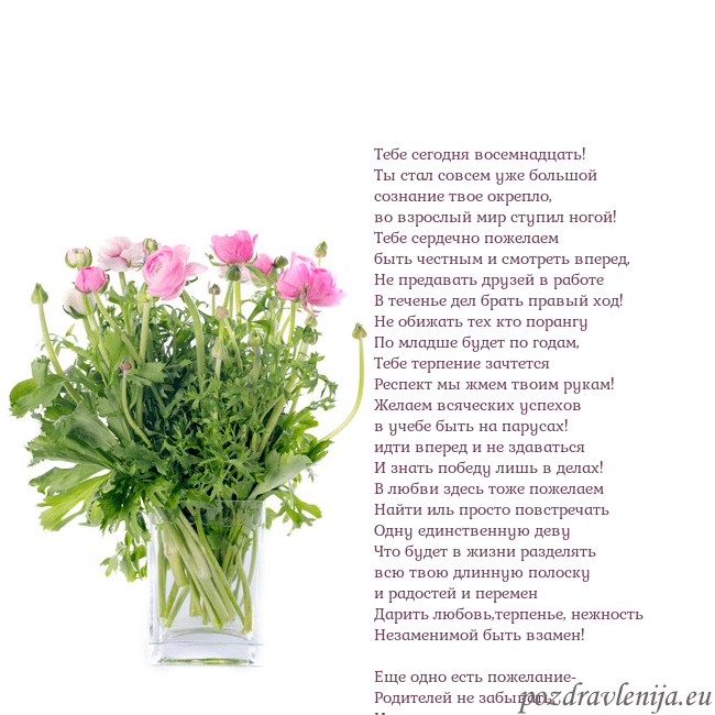Открытка с цветами в вазе Тебе сегодня восемнадцать!
Ты стал совсем уже боль Открытка с цветами в вазе
