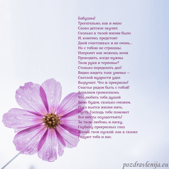 Электронная открытка с фиолетовым цветком Бабушка!
Трогательно, как и мило
Слово детское зву Электронная открытка с фиолетовым цветком