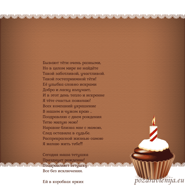 Открытка на день рождения с кексом и свечкой Бывают тёти очень разными,
Но в целом мире не найд Открытка на день рождения с кексом и свечкой