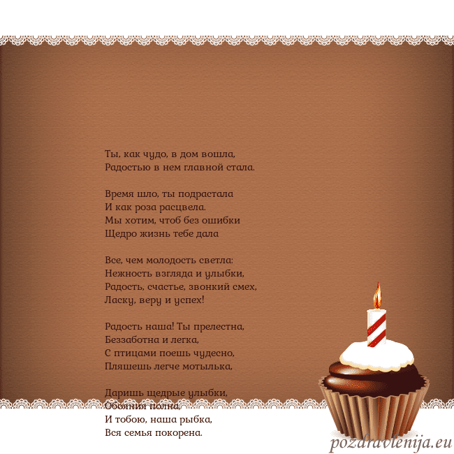 Открытка на день рождения с кексом и свечкой Ты, как чудо, в дом вошла,
Радостью в нем главной Открытка на день рождения с кексом и свечкой
