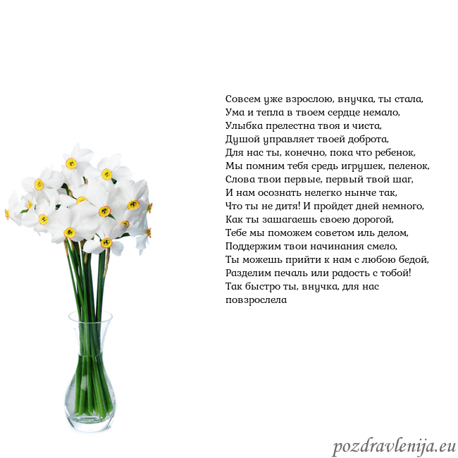 Открытка с нарциссами Совсем уже взрослою, внучка, ты стала,
Ума и тепла Открытка с нарциссами