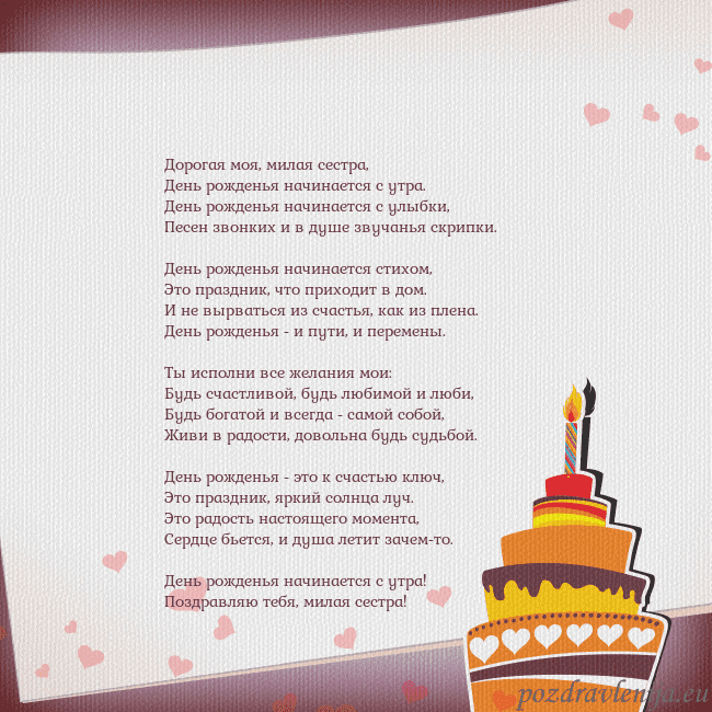 Открытка на день рождения с тортом и сердечками Дорогая моя, милая сестра,
День рожденья начинаетс Открытка на день рождения с тортом и сердечками