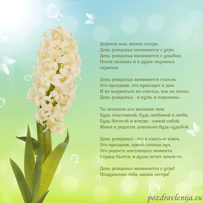 Открытка с гиацинтом Дорогая моя, милая сестра,
День рожденья начинаетс Открытка с гиацинтом