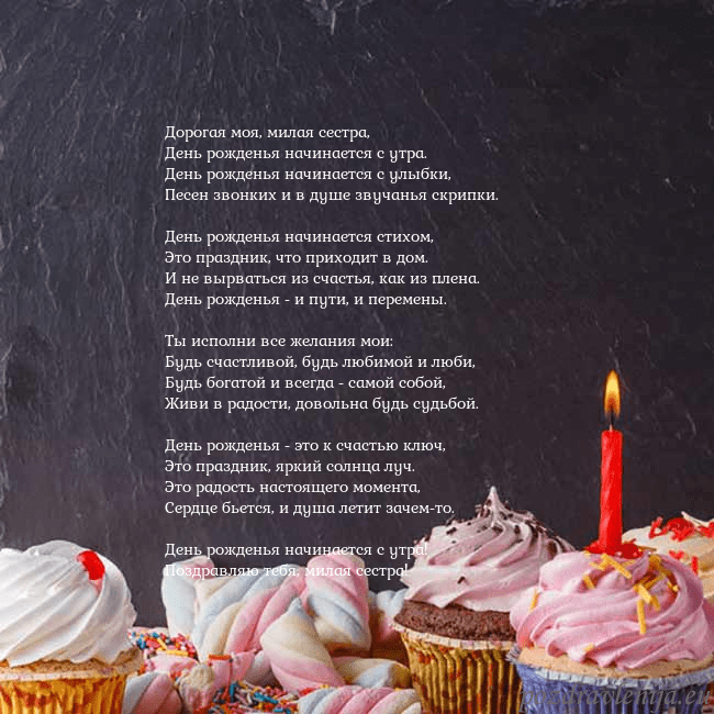 Открытка на день рождения со сладостями и свечкой Дорогая моя, милая сестра,
День рожденья начинаетс Открытка на день рождения со сладостями и свечкой