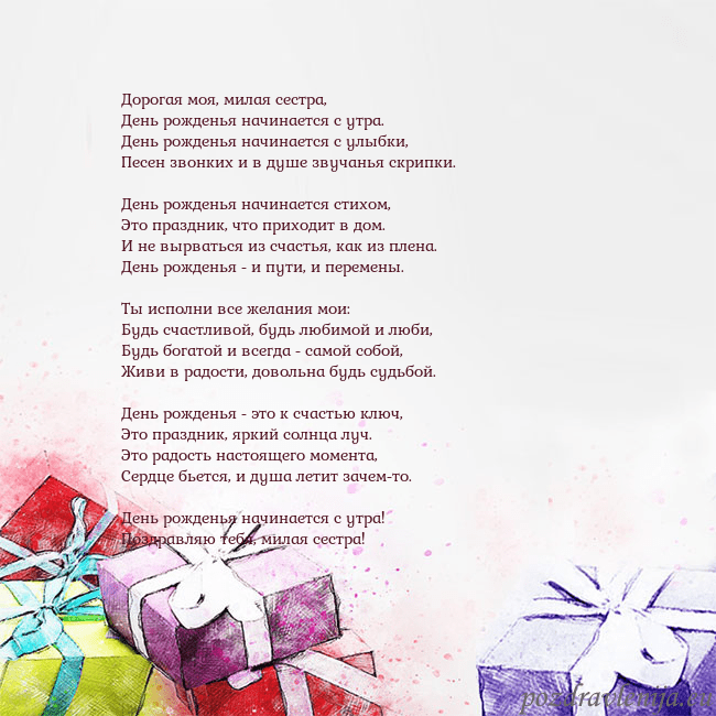 Открытка на день рождения с акварелью нарисованными подарками Дорогая моя, милая сестра,
День рожденья начинаетс Открытка на день рождения с акварелью нарисованными подарками