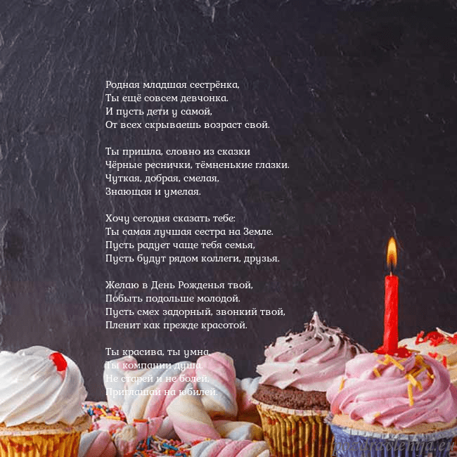 Открытка на день рождения со сладостями и свечкой Родная младшая сестрёнка,
Ты ещё совсем девчонка. Открытка на день рождения со сладостями и свечкой