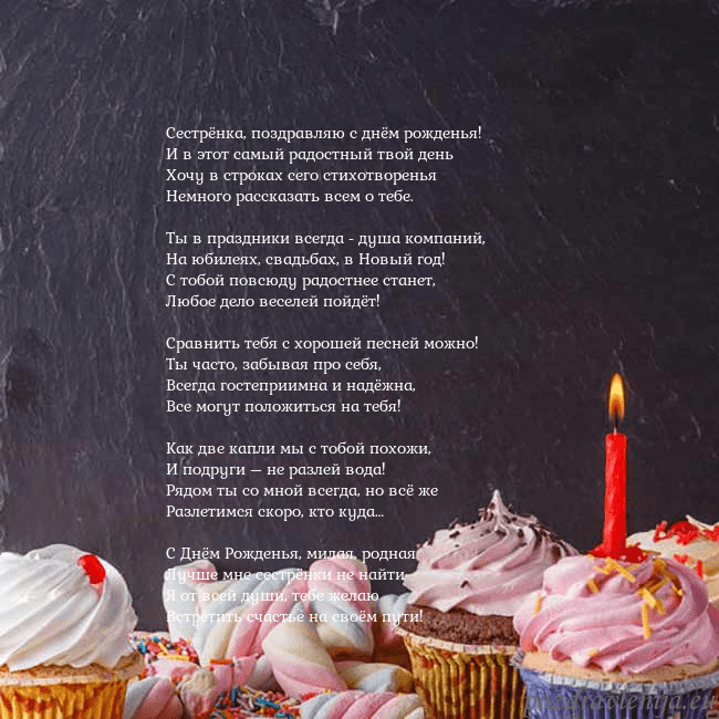 Открытка на день рождения со сладостями и свечкой Сестрёнка, поздравляю с днём рожденья!
И в этот са Открытка на день рождения со сладостями и свечкой