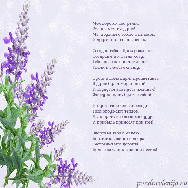 Открытка с люпинами Моя дорогая сестренка!
Родная моя ты душа!
Мы друж Открытка с люпинами