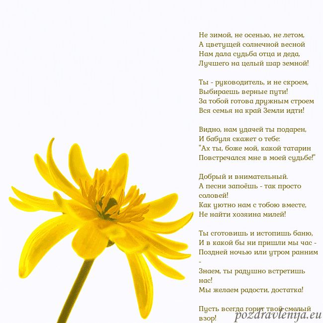 Открытка с желтым цветком Не зимой, не осенью, не летом,
А цветущей солнечно Открытка с желтым цветком
