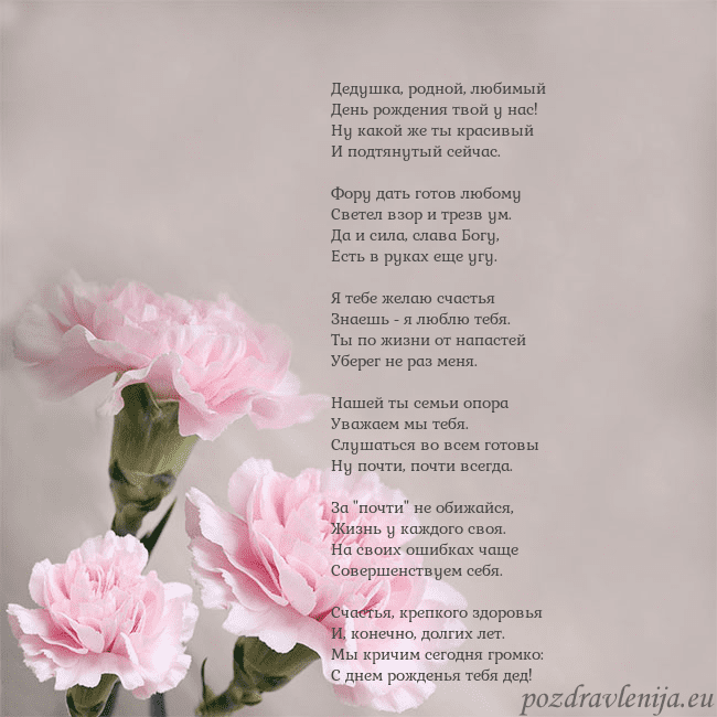 Открытка с розовыми гвоздиками Дедушка, родной, любимый
День рождения твой у нас! Открытка с розовыми гвоздиками