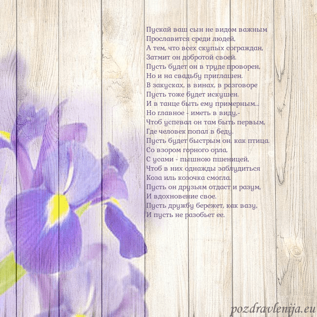 Открытка с ирисами Пускай ваш сын не видом важным
Прославится среди л Открытка с ирисами