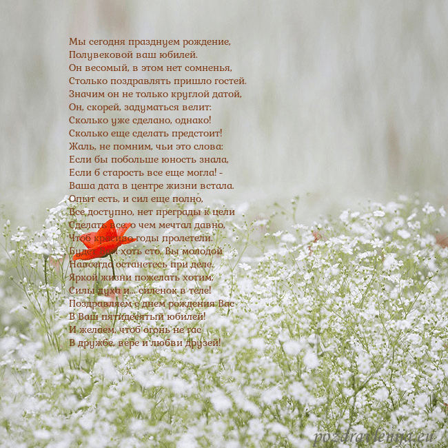 Электронная открытка с белыми цветами Мы сегодня празднуем рождение,
Полувековой ваш юб Электронная открытка с белыми цветами
