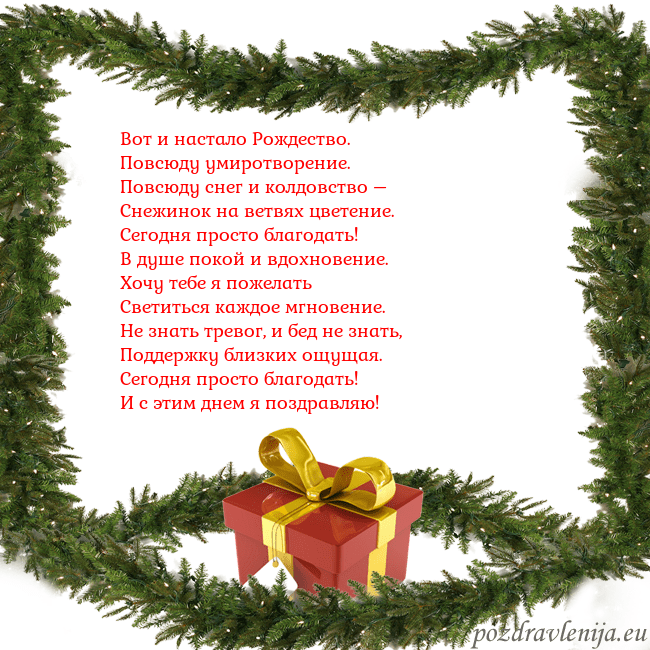 Новогодняя открытка с еловыми ветками и подарком Вот и настало Рождество.
Повсюду умиротворение.
Новогодняя открытка с еловыми ветками и подарком
