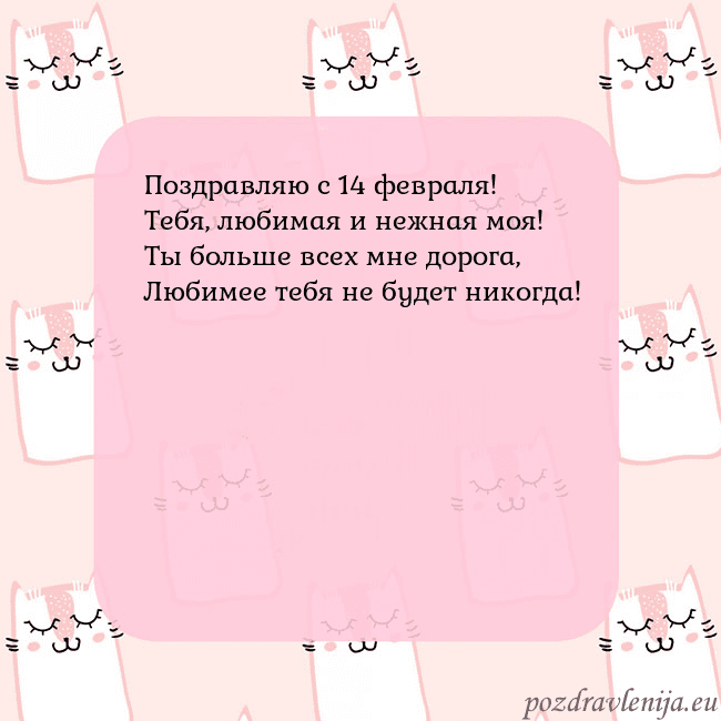Розовая открытка с забавными кошками Поздравляю с 14 февраля!
Тебя, любимая и нежная мо Розовая открытка с забавными кошками