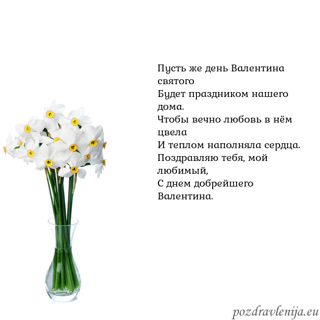 Открытка с нарциссами Пусть же день Валентина святого
Будет праздником н Открытка с нарциссами