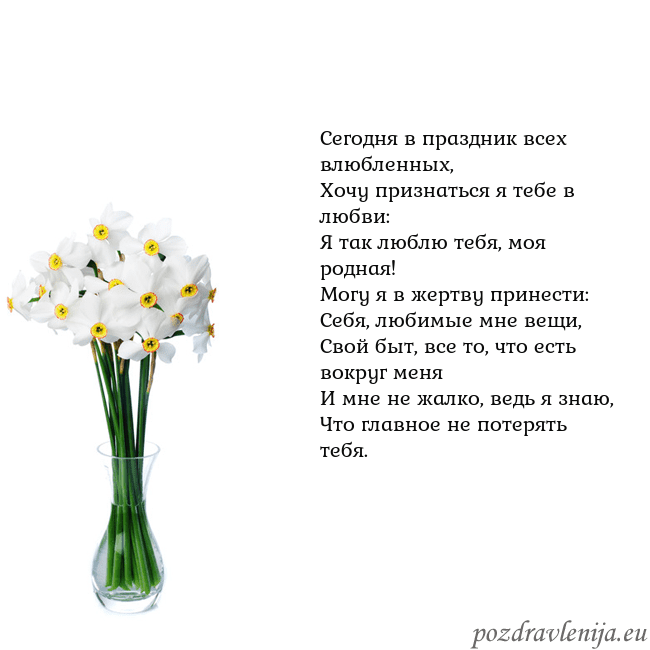 Открытка с нарциссами Сегодня в праздник всех влюбленных,
Хочу признатьс Открытка с нарциссами