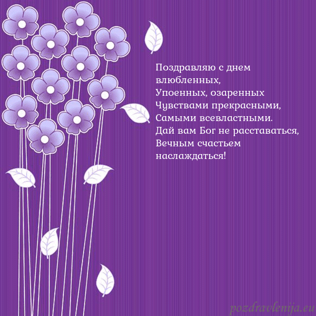 Открытка с фиолетовыми цветами Поздравляю с днем влюбленных,
Упоенных, озаренных
Открытка с фиолетовыми цветами