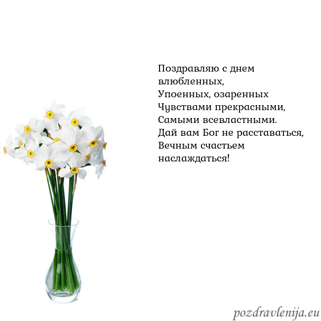 Открытка с нарциссами Поздравляю с днем влюбленных,
Упоенных, озаренных
Открытка с нарциссами