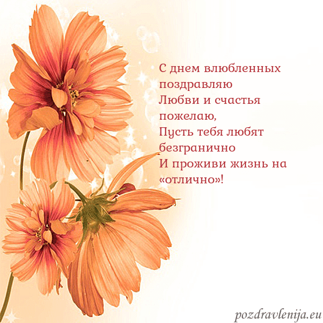 Открытка с оранжевыми цветами С днем влюбленных поздравляю
Любви и счастья пожел Открытка с оранжевыми цветами