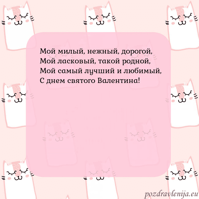 Розовая открытка с забавными кошками Мой милый, нежный, дорогой,
Мой ласковый, такой ро Розовая открытка с забавными кошками