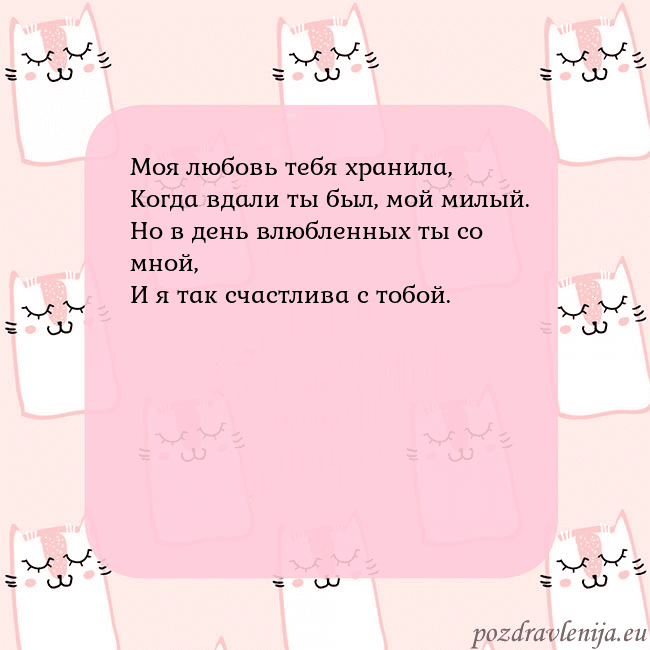 Розовая открытка с забавными кошками Моя любовь тебя хранила,
Когда вдали ты был, мой м Розовая открытка с забавными кошками