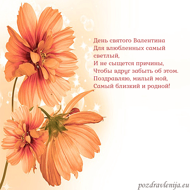 Открытка с оранжевыми цветами День святого Валентина
Для влюбленных самый светлы Открытка с оранжевыми цветами