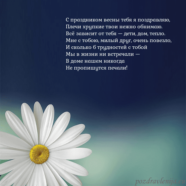 Открытка с большой ромашкой С праздником весны тебя я поздравляю,
Плечи хрупки Открытка с большой ромашкой