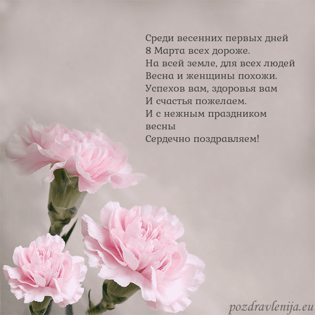 Открытка с розовыми гвоздиками Среди весенних первых дней
8 Марта всех дороже.
На Открытка с розовыми гвоздиками