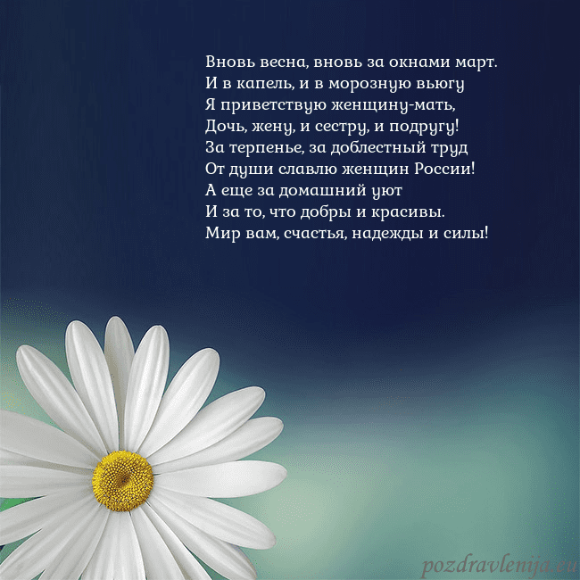 Открытка с большой ромашкой Вновь весна, вновь за окнами март.
И в капель, и в Открытка с большой ромашкой