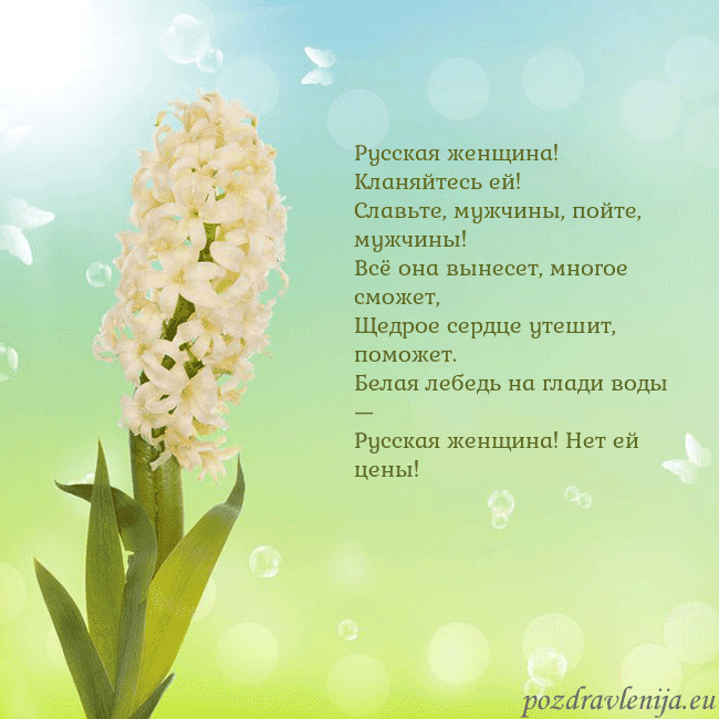 Открытка с гиацинтом Русская женщина! Кланяйтесь ей!
Славьте, мужчины, Открытка с гиацинтом