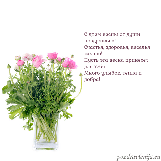 Открытка с цветами в вазе С днем весны от души поздравляю!
Счастья, здоровья Открытка с цветами в вазе