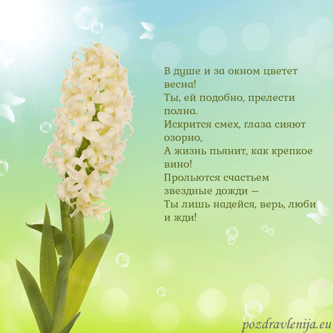 Открытка с гиацинтом В душе и за окном цветет весна!
Ты, ей подобно, пр Открытка с гиацинтом
