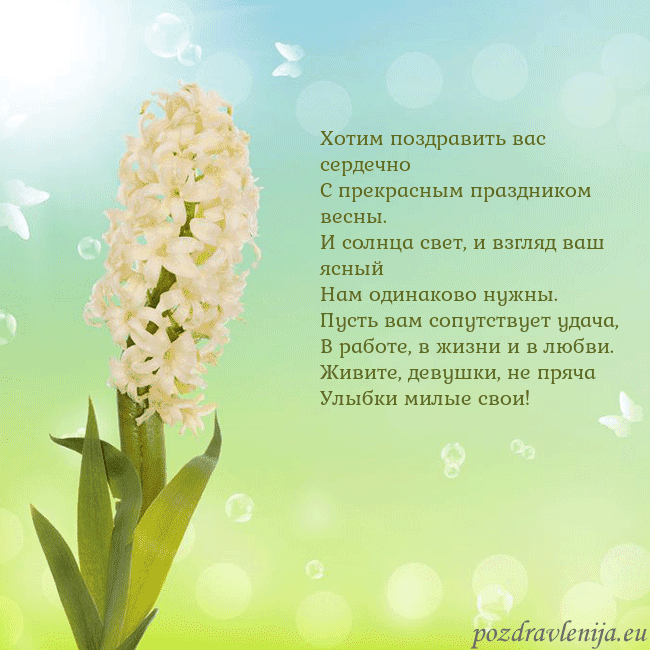 Открытка с гиацинтом Хотим поздравить вас сердечно
С прекрасным праздни Открытка с гиацинтом