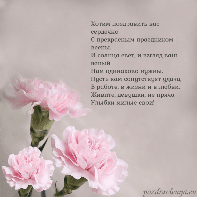 Открытка с розовыми гвоздиками Хотим поздравить вас сердечно
С прекрасным праздни Открытка с розовыми гвоздиками