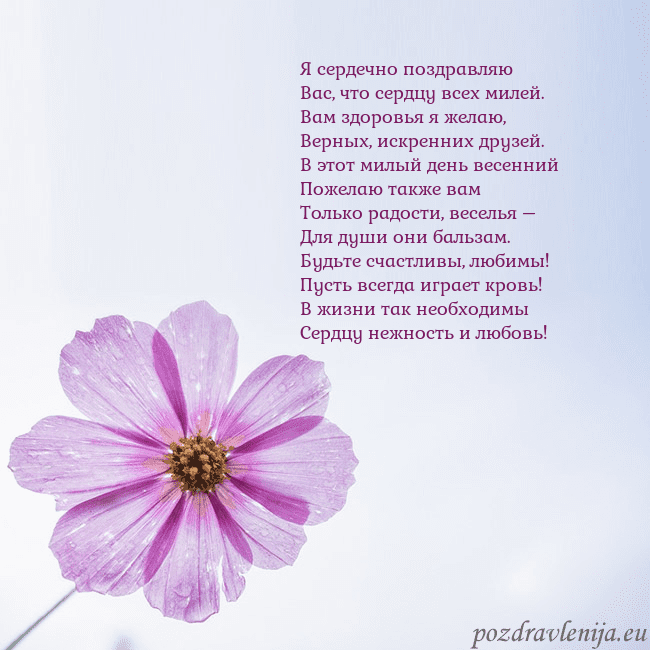 Электронная открытка с фиолетовым цветком Я сердечно поздравляю
Вас, что сердцу всех милей.
Электронная открытка с фиолетовым цветком