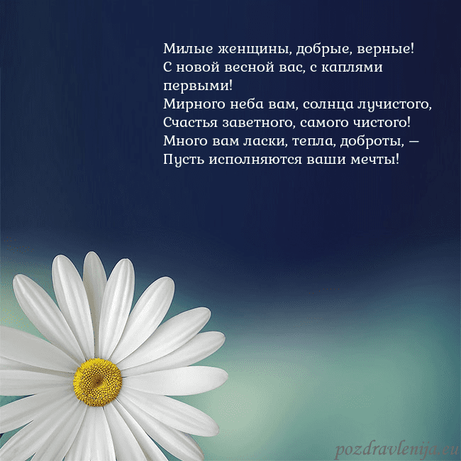 Открытка с большой ромашкой Милые женщины, добрые, верные!
С новой весной вас, Открытка с большой ромашкой