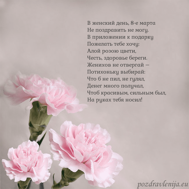 Открытка с розовыми гвоздиками В женский день, 8-е марта
Не поздравить не могу.
В Открытка с розовыми гвоздиками