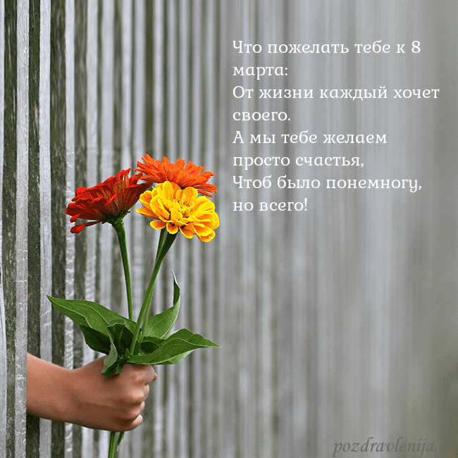 Электронная открытка с букетом цветов Что пожелать тебе к 8 марта:
От жизни каждый хочет Электронная открытка с букетом цветов