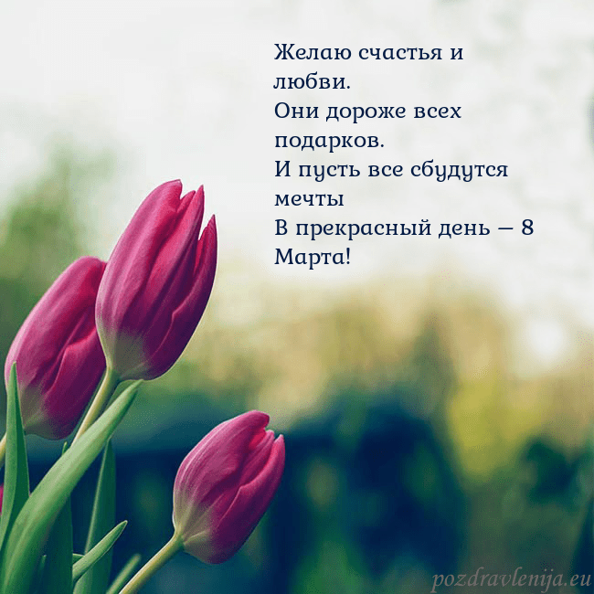 Открытка с тремя красными тюльпанами Желаю счастья и любви.
Они дороже всех подарков.
И Открытка с тремя красными тюльпанами