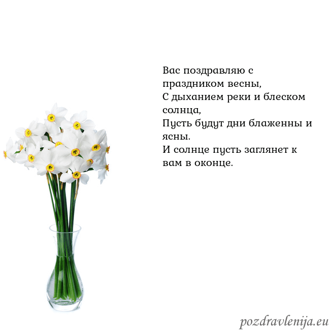 Открытка с нарциссами Вас поздравляю с праздником весны,
С дыханием реки Открытка с нарциссами