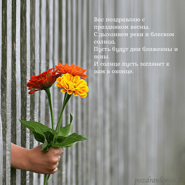 Электронная открытка с букетом цветов Вас поздравляю с праздником весны,
С дыханием реки Электронная открытка с букетом цветов