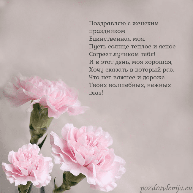 Открытка с розовыми гвоздиками Поздравляю с женским праздником
Единственная моя.
Открытка с розовыми гвоздиками